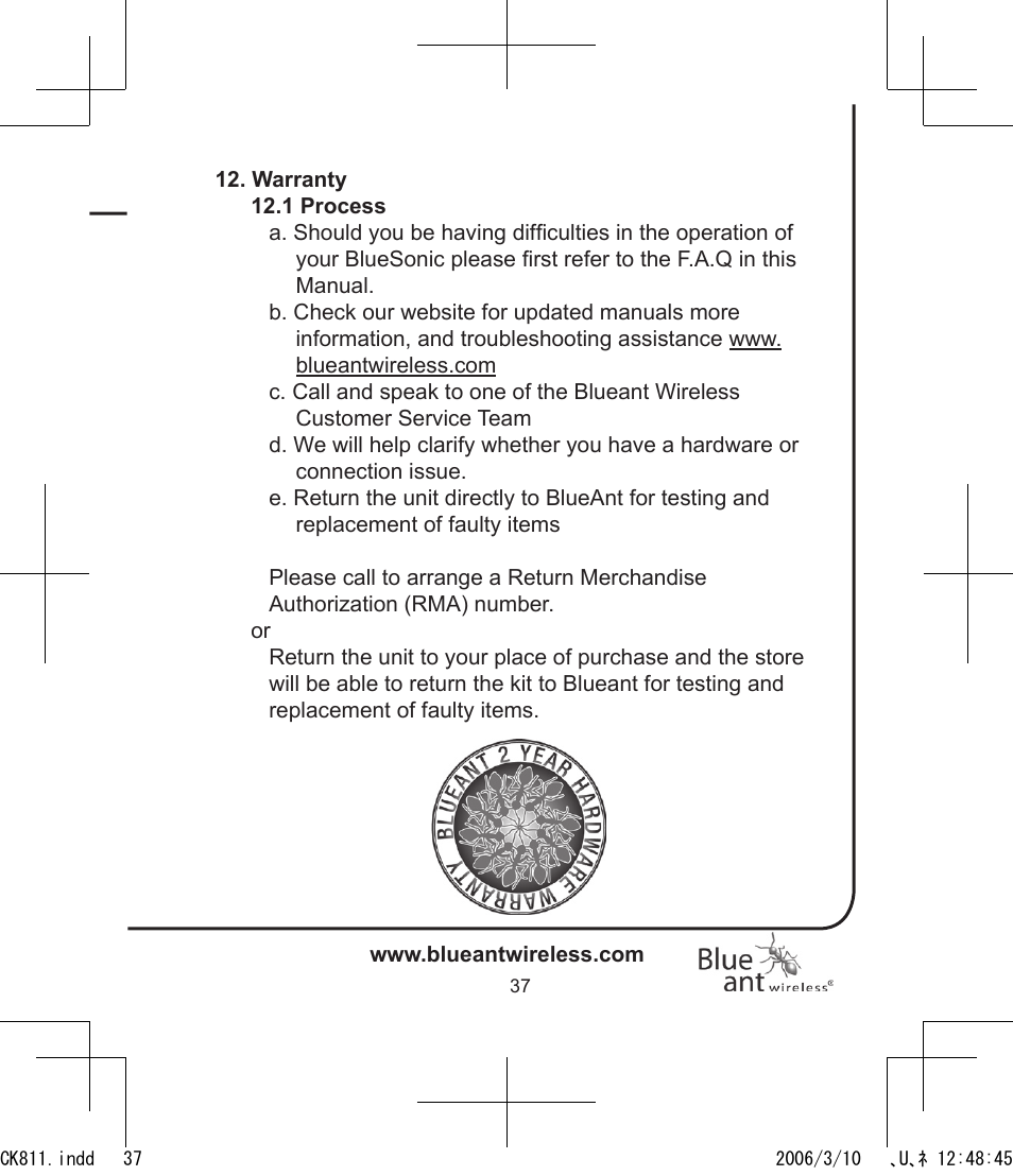 BlueAnt Bluesonic Bluetooth Portable Speakers User Manual | Page 37 / 40