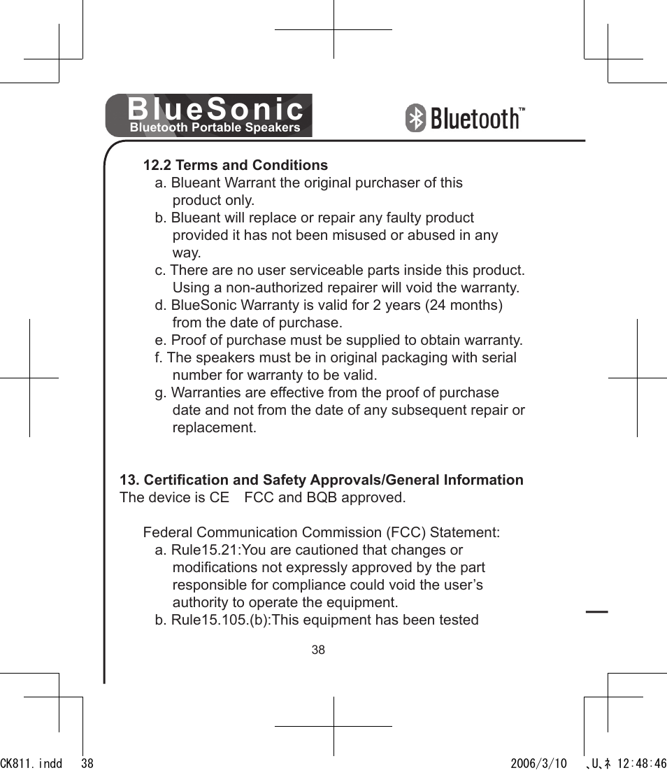 Bluesonic | BlueAnt Bluesonic Bluetooth Portable Speakers User Manual | Page 38 / 40
