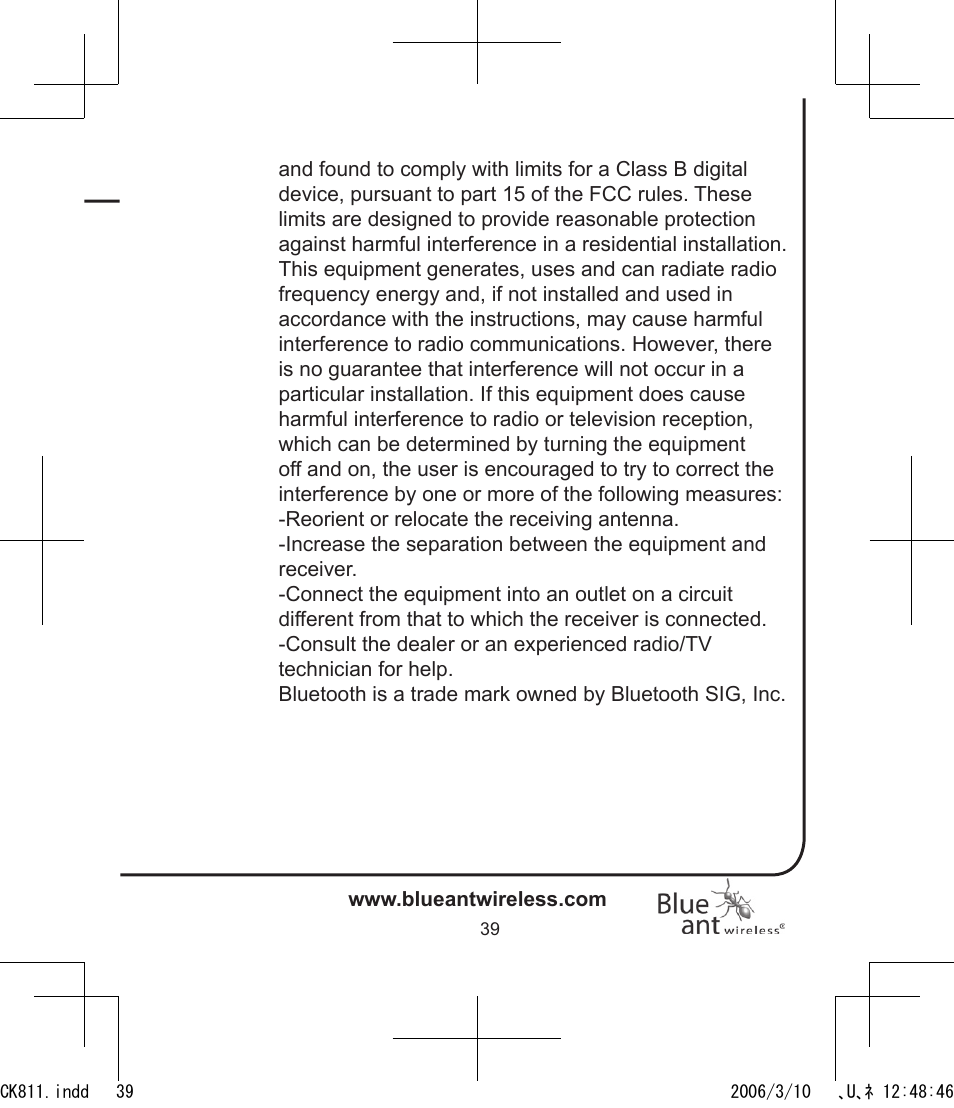 BlueAnt Bluesonic Bluetooth Portable Speakers User Manual | Page 39 / 40
