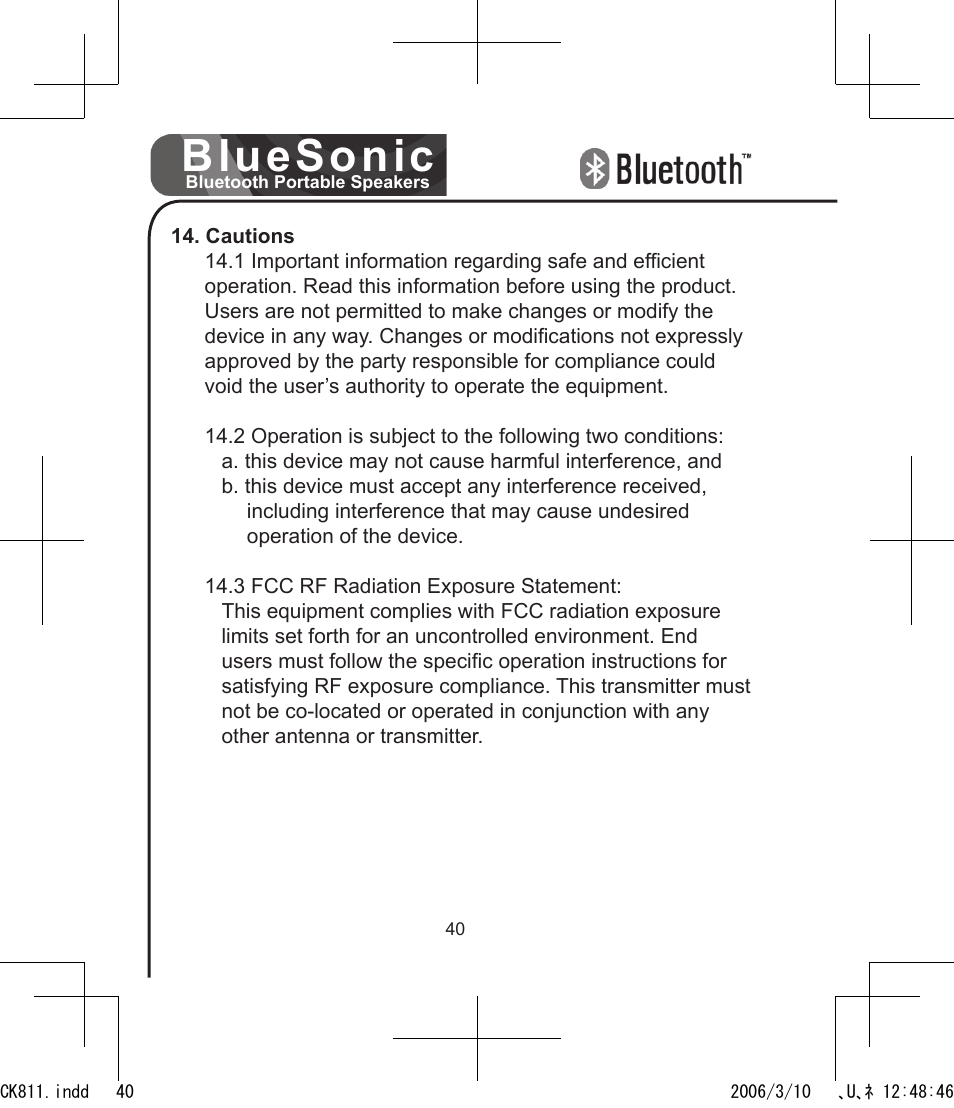 Bluesonic | BlueAnt Bluesonic Bluetooth Portable Speakers User Manual | Page 40 / 40
