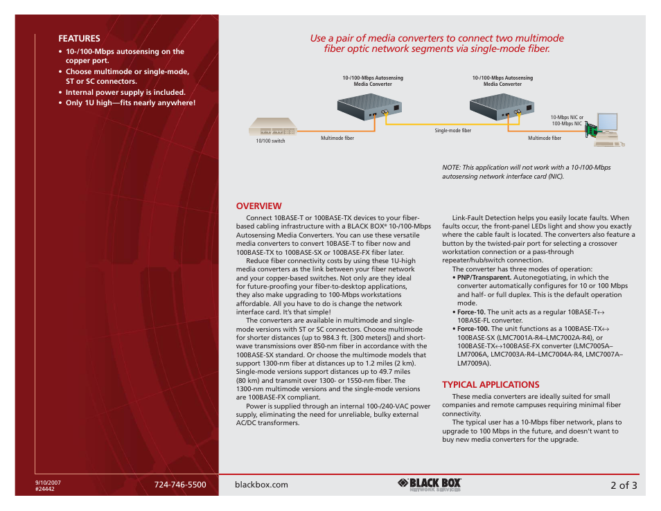 2 of 3, Features, Overview | Typical applications | Black Box 100BASE-TX User Manual | Page 2 / 3