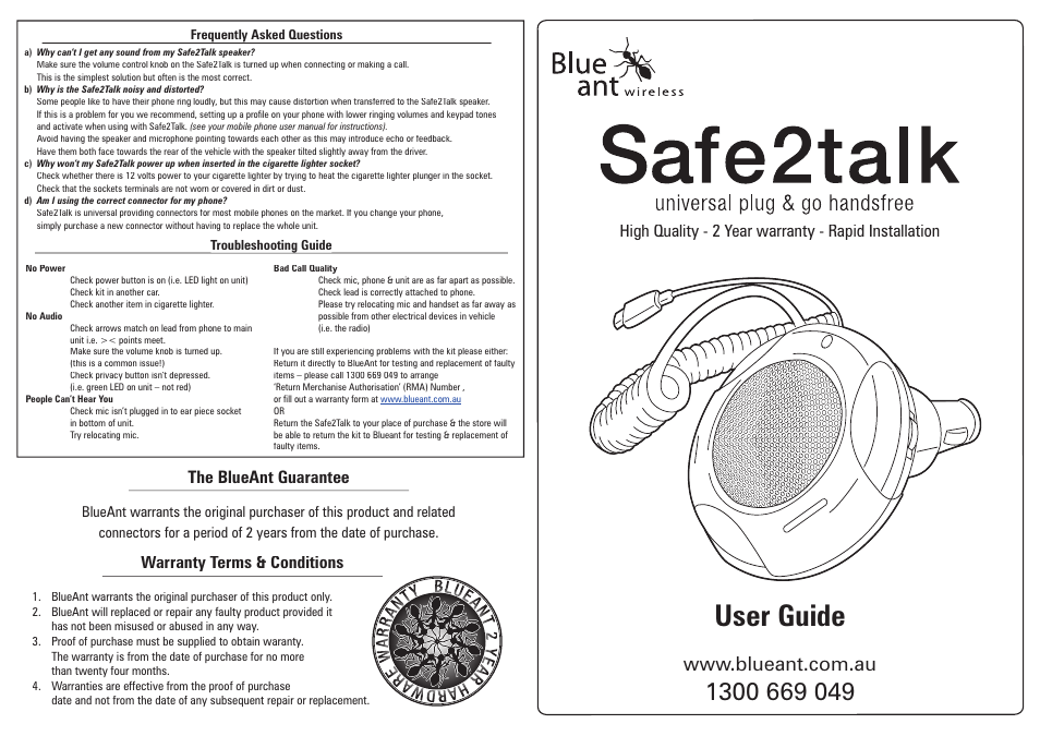 BlueAnt Safe2talk Plug and Go Handsfree User Manual | 2 pages