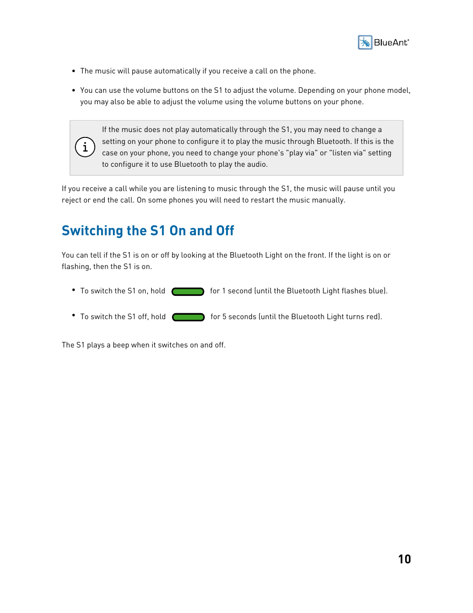Switching the s1 on and off | BlueAnt S1 Sun Visor Handsfree Kit User Manual | Page 10 / 22
