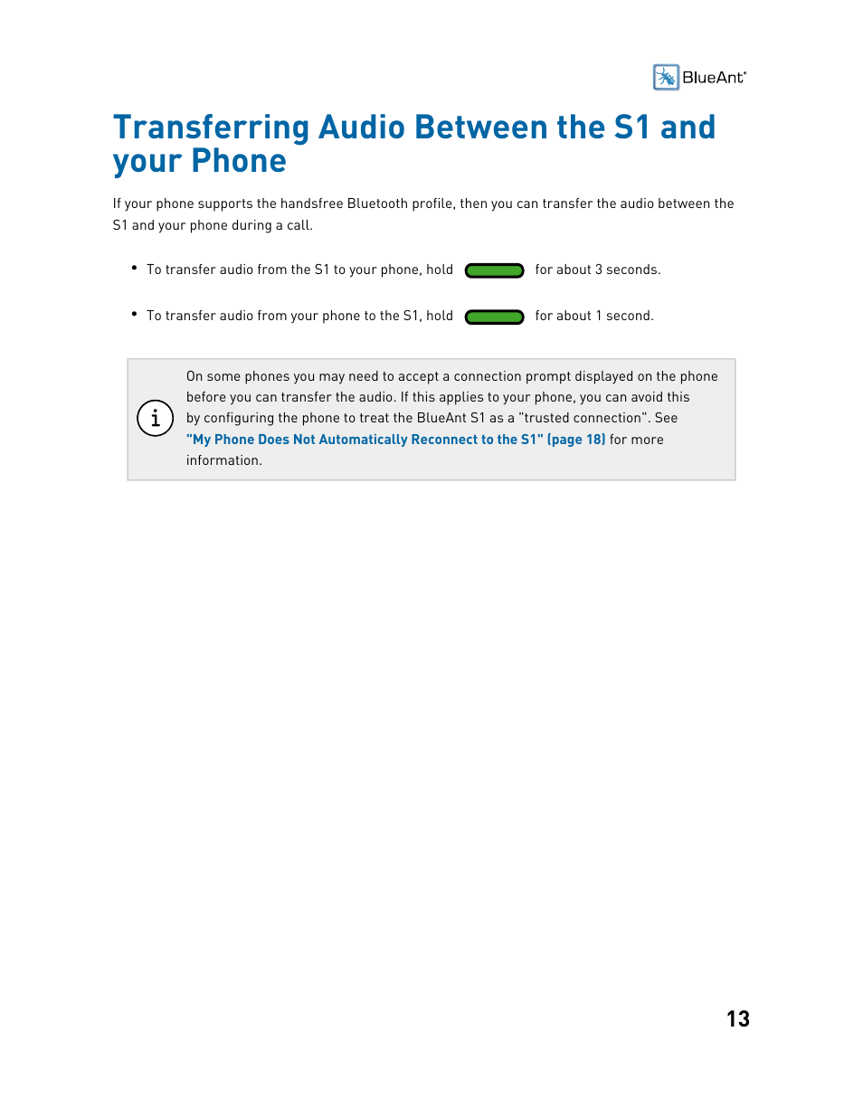 Transferring audio between the s1 and your phone | BlueAnt S1 Sun Visor Handsfree Kit User Manual | Page 13 / 22