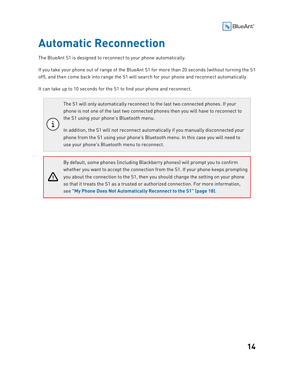 Automatic reconnection | BlueAnt S1 Sun Visor Handsfree Kit User Manual | Page 14 / 22
