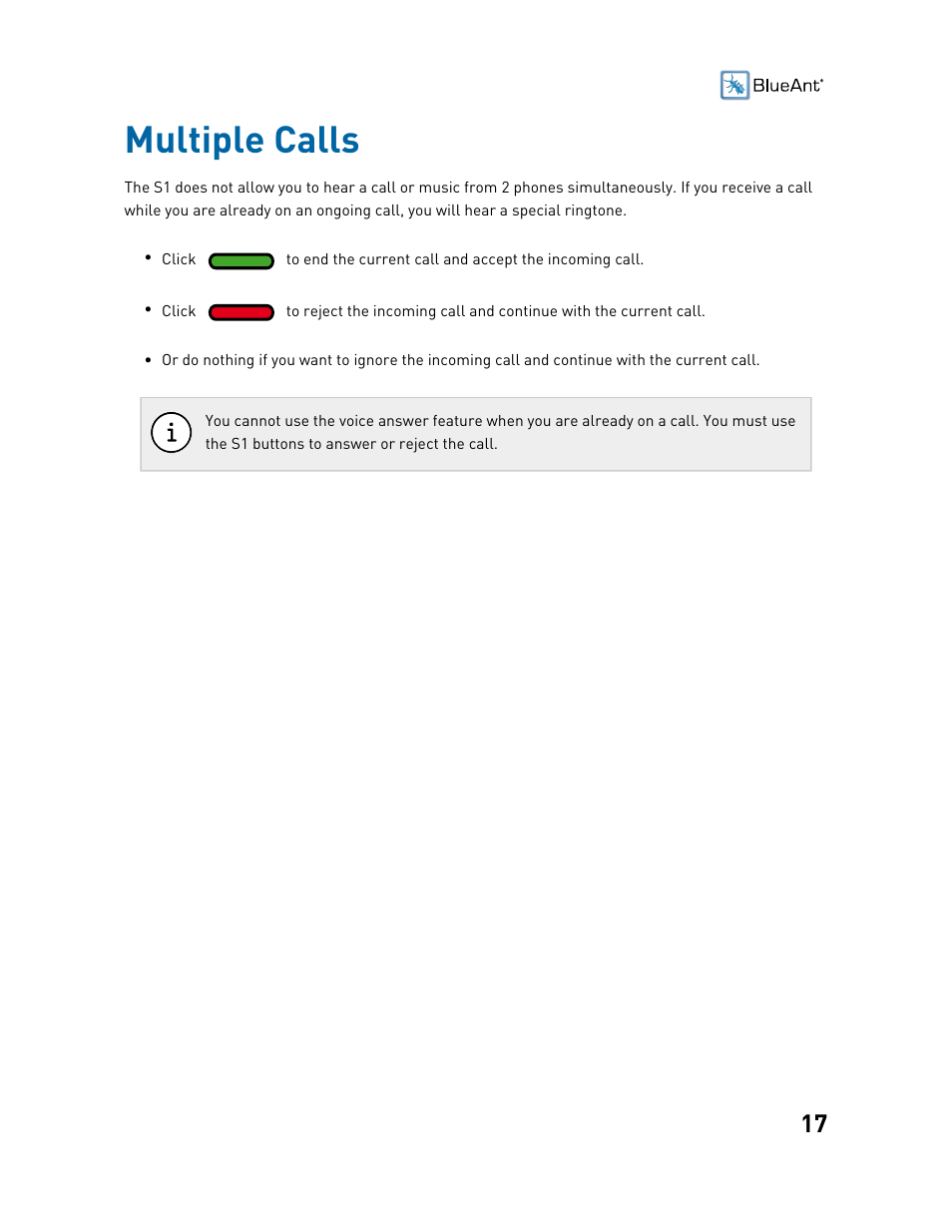 Multiple calls | BlueAnt S1 Sun Visor Handsfree Kit User Manual | Page 17 / 22
