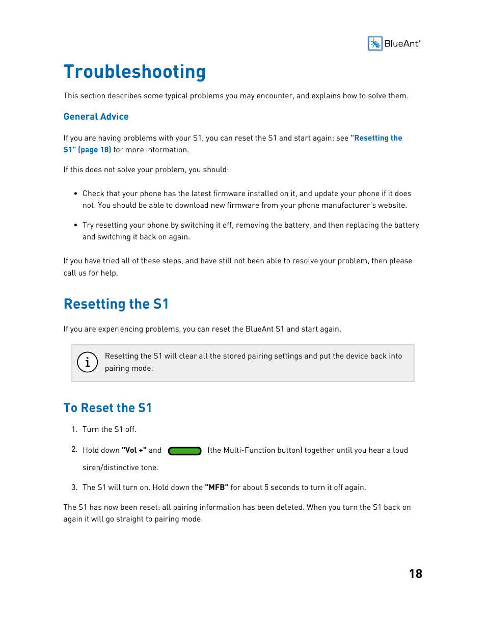 Troubleshooting, Resetting the s1, To reset the s1 | BlueAnt S1 Sun Visor Handsfree Kit User Manual | Page 18 / 22