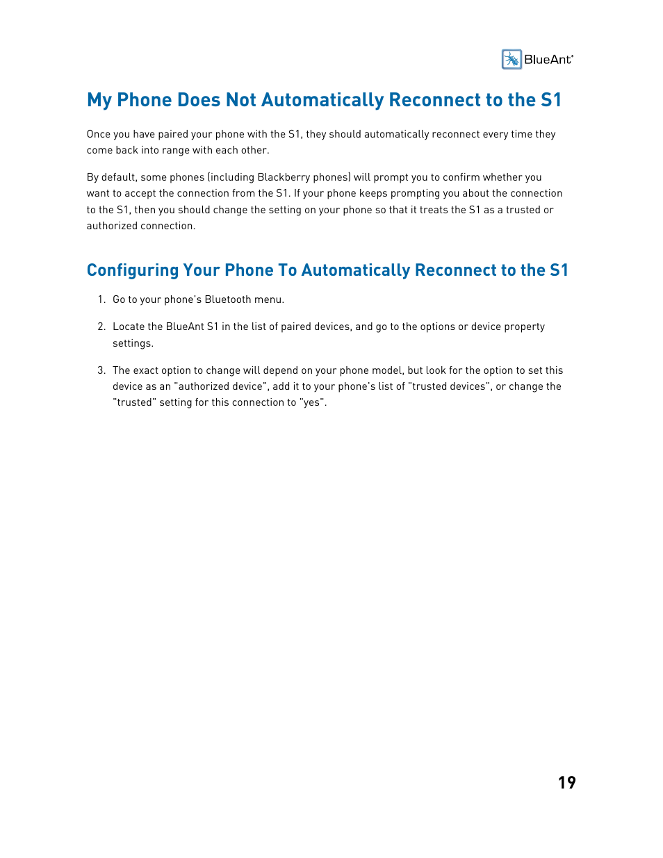 BlueAnt S1 Sun Visor Handsfree Kit User Manual | Page 19 / 22