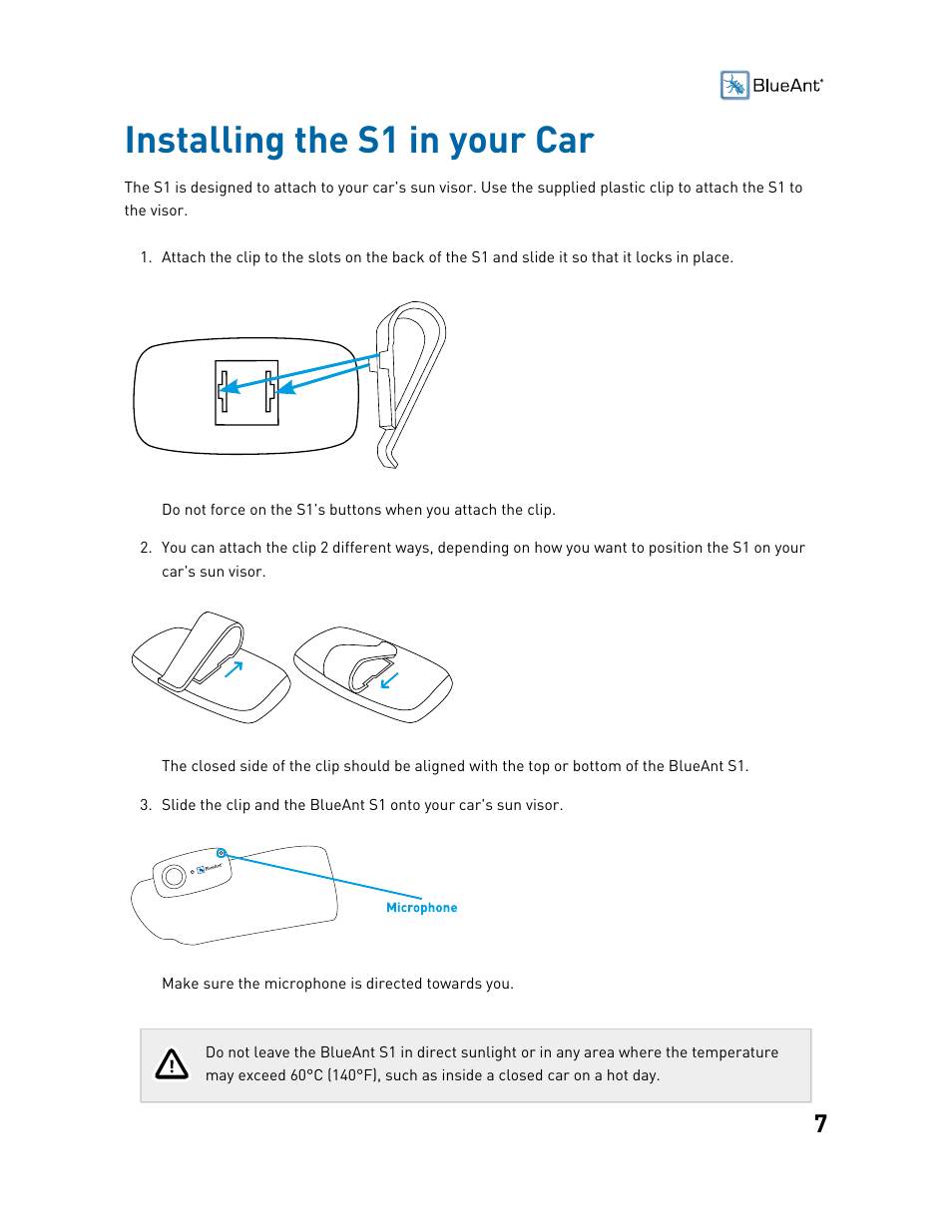 Installing the s1 in your car | BlueAnt S1 Sun Visor Handsfree Kit User Manual | Page 7 / 22