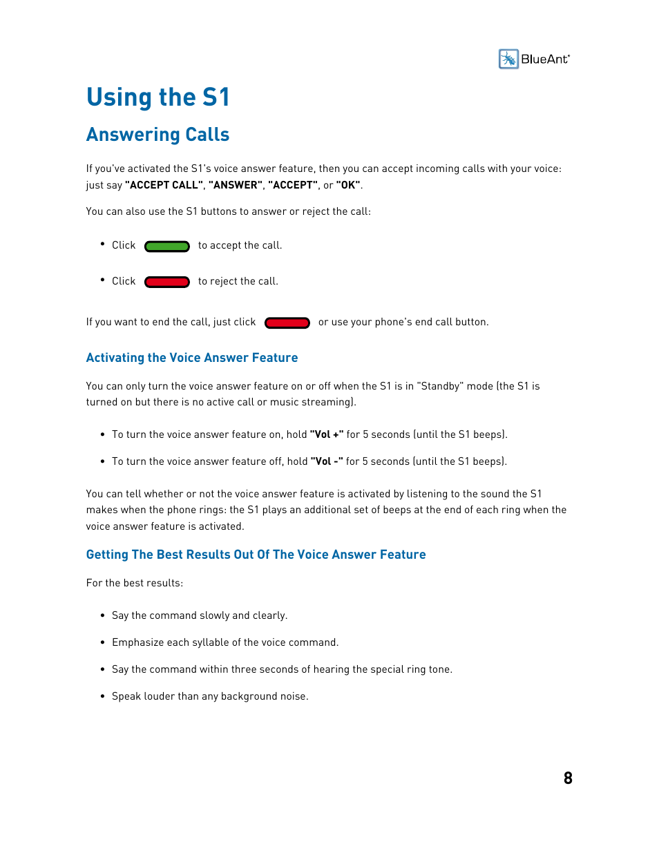 Using the s1, Answering calls, Making calls | BlueAnt S1 Sun Visor Handsfree Kit User Manual | Page 8 / 22