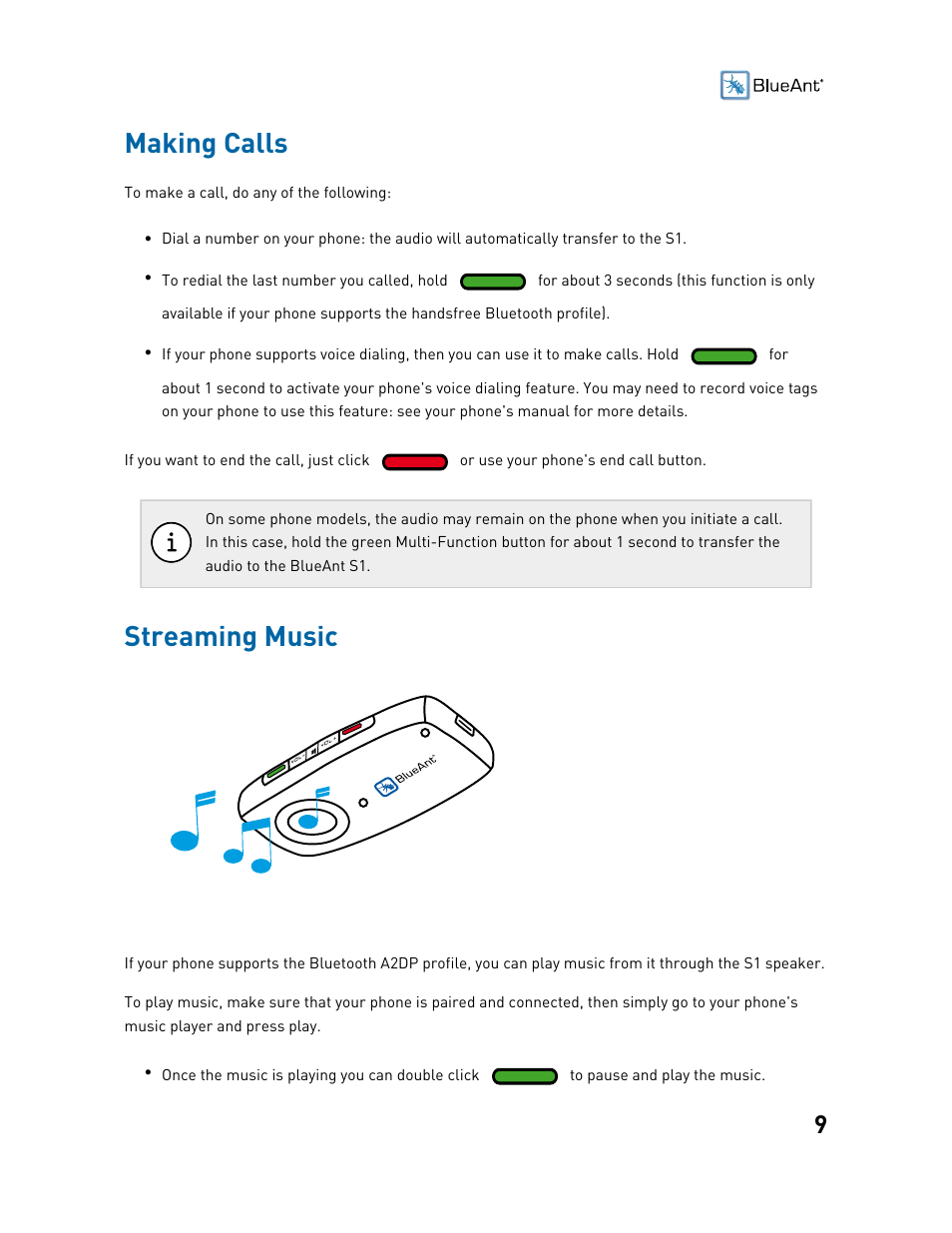 Streaming music, Making calls | BlueAnt S1 Sun Visor Handsfree Kit User Manual | Page 9 / 22
