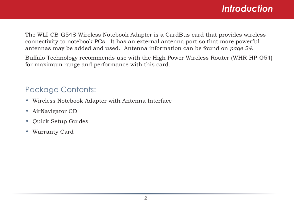 Introduction, Package contents | Black Box WLI-CB-G54S User Manual | Page 2 / 41