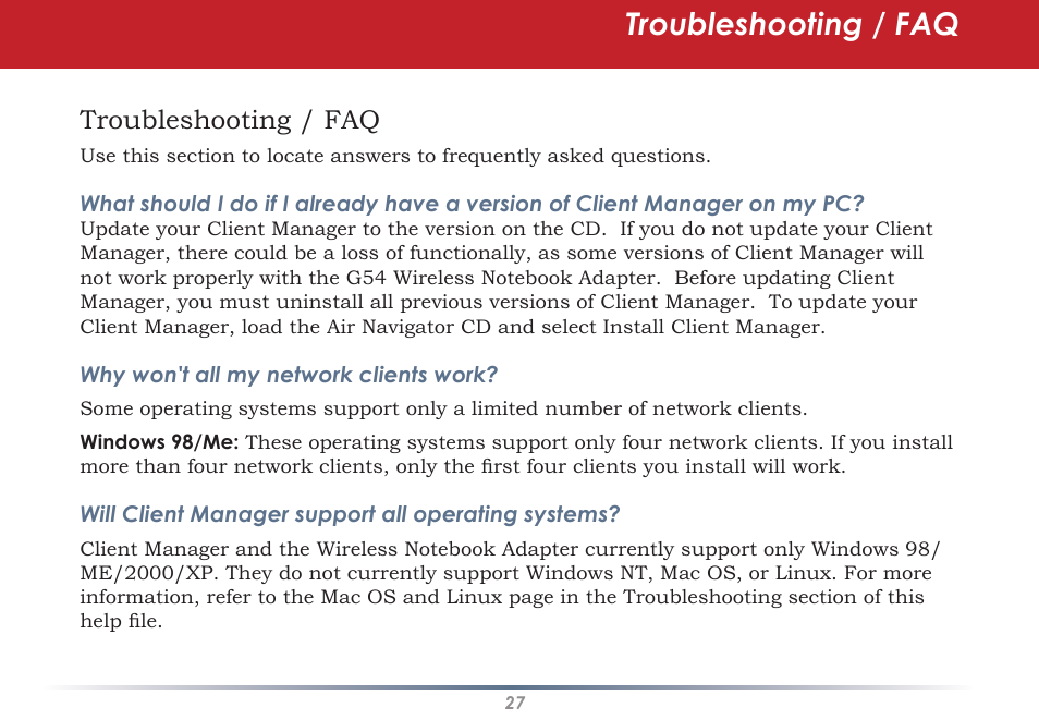 Troubleshooting / faq | Black Box WLI-CB-G54S User Manual | Page 27 / 41