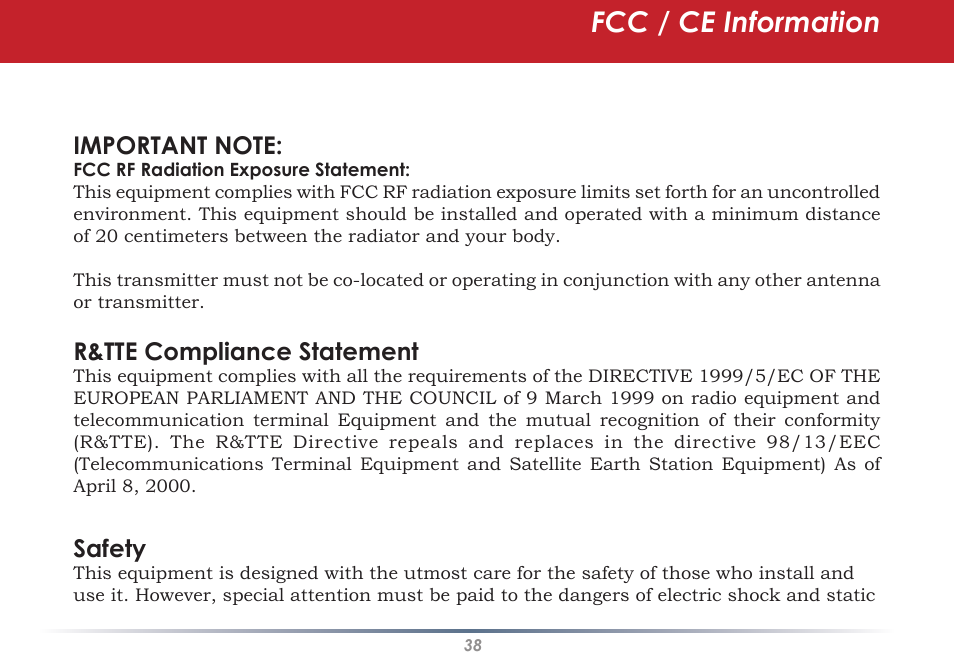 Fcc / ce information, R&tte compliance statement, Safety | Black Box WLI-CB-G54S User Manual | Page 38 / 41