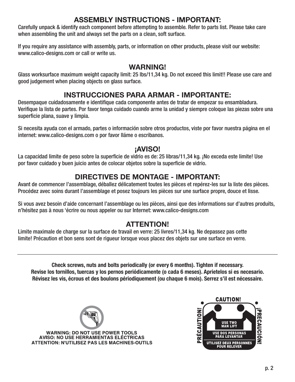 Assembly instructions - important, Warning, Instrucciones para armar - importante | Aviso, Directives de montage - important, Attention | Calico Designs Executive Leather LS Workcenter User Manual | Page 2 / 8