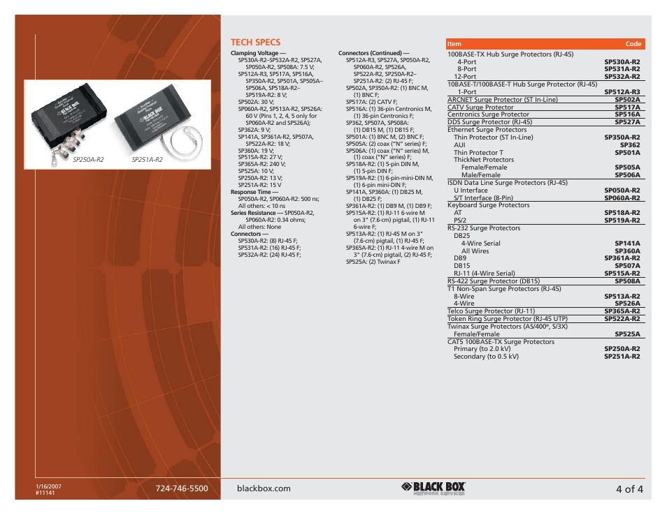 4 of xx, 4 of 4, Overview (subhead) | Tech specs | Black Box Surge Protector User Manual | Page 4 / 4