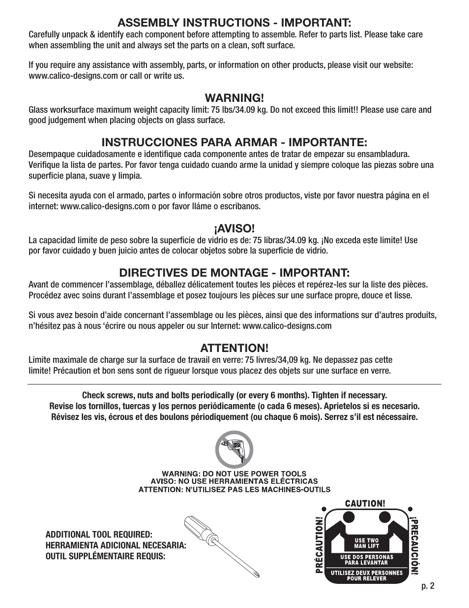 Assembly instructions - important, Warning, Instrucciones para armar - importante | Aviso, Directives de montage - important, Attention | Calico Designs Futura Advanced TV Stand User Manual | Page 2 / 9