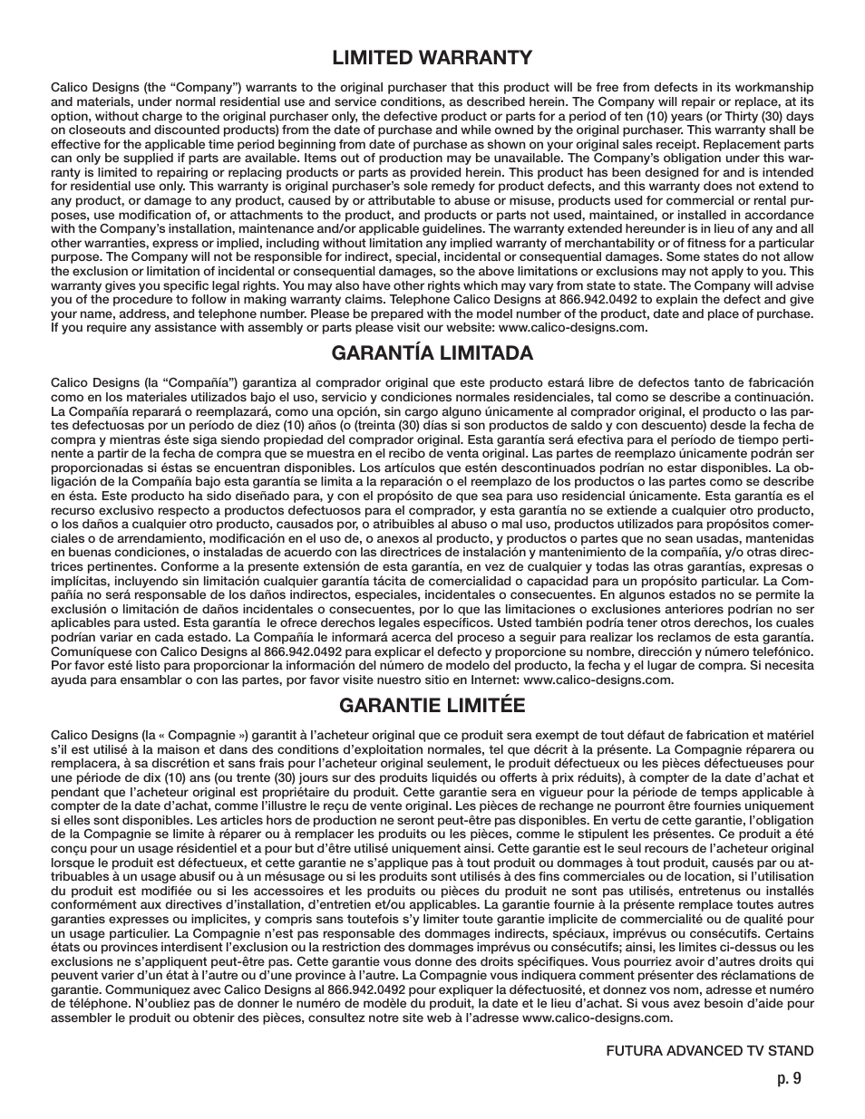 Limited warranty, Garantía limitada, Garantie limitée | P. 9 | Calico Designs Futura Advanced TV Stand User Manual | Page 9 / 9