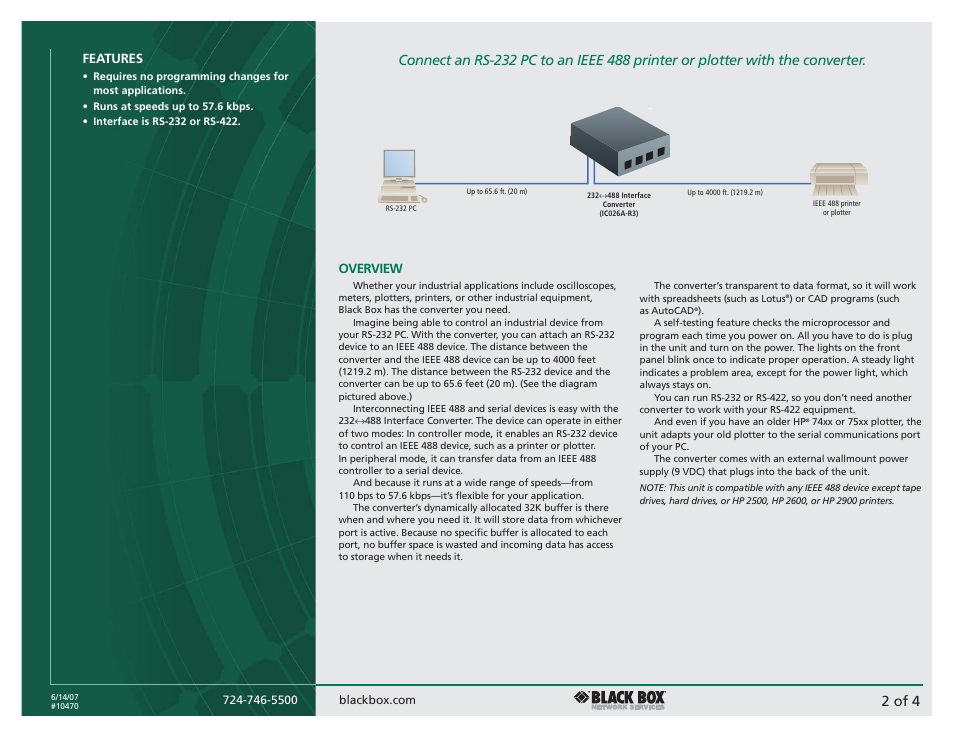2 of 4, Features, Overview | Black Box 232<->488 Converter IC026A-R3 User Manual | Page 2 / 4