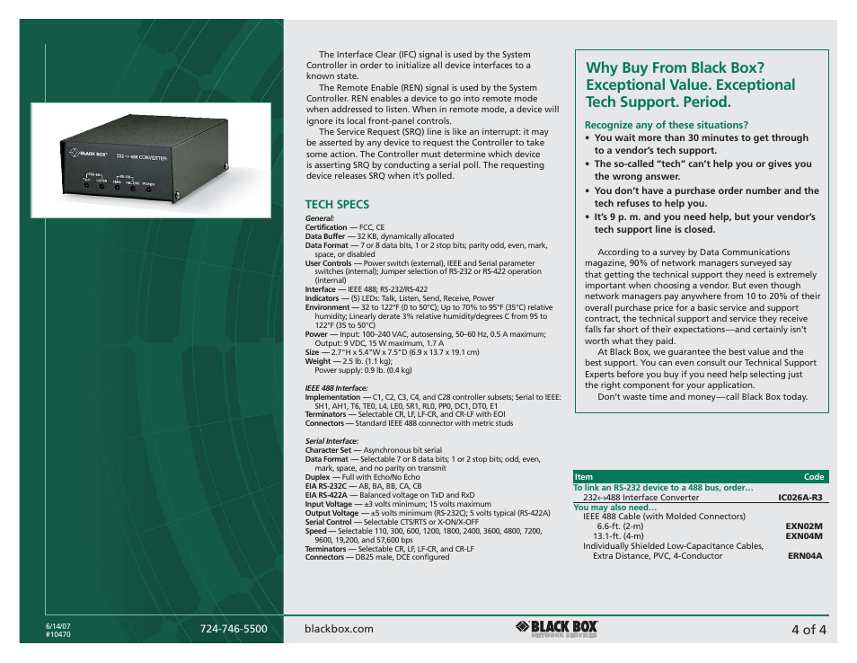 4 of 4, Tech specs | Black Box 232<->488 Converter IC026A-R3 User Manual | Page 4 / 4