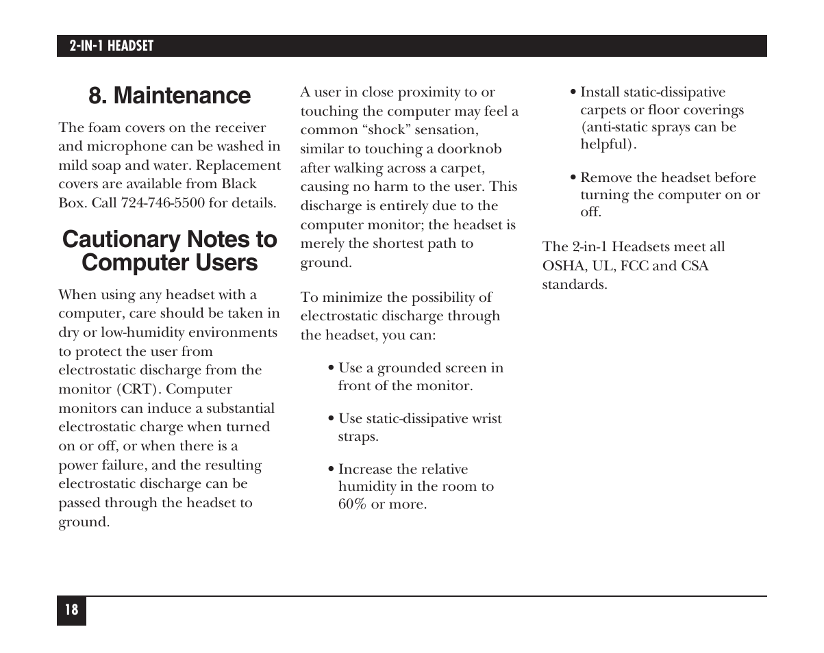 Maintenance | Black Box HS201A User Manual | Page 19 / 21