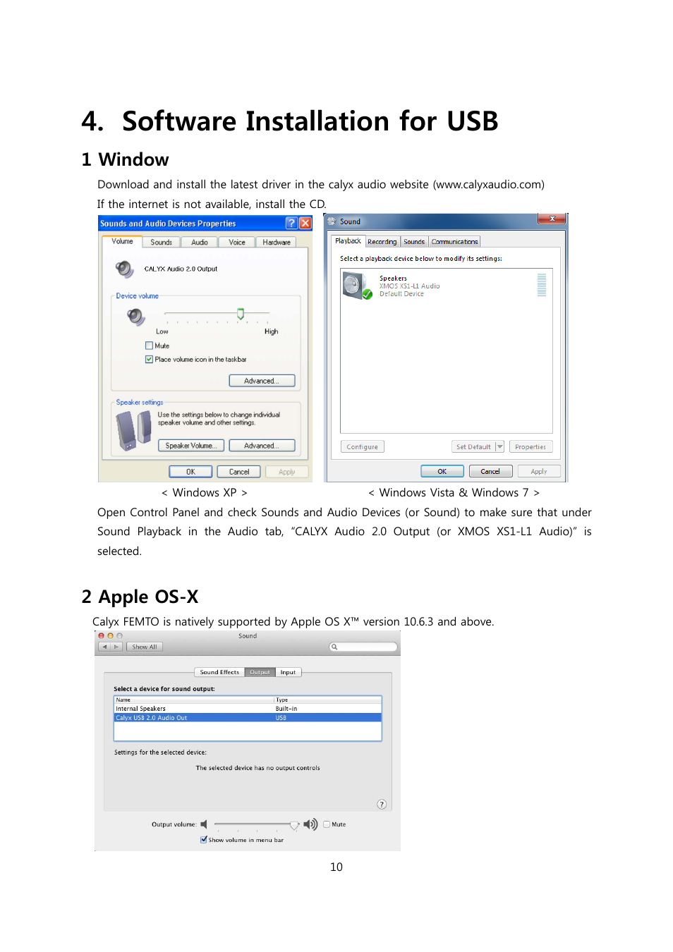 Software installation for usb, 1 window, 2 apple os-x | Calyx FEMTO User Manual | Page 10 / 22