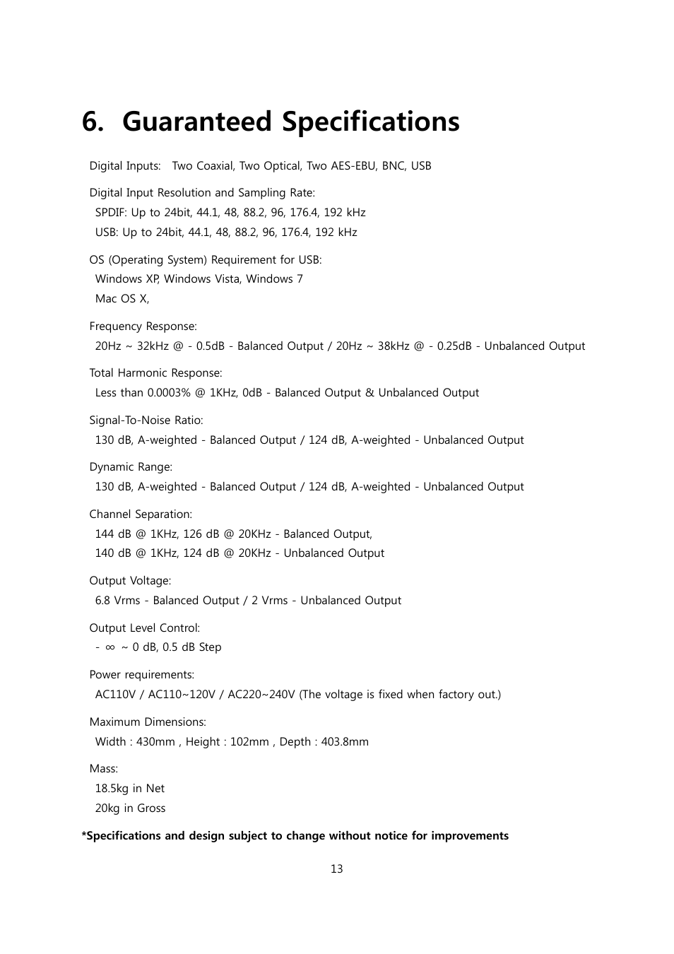 Guaranteed specifications | Calyx FEMTO User Manual | Page 13 / 22