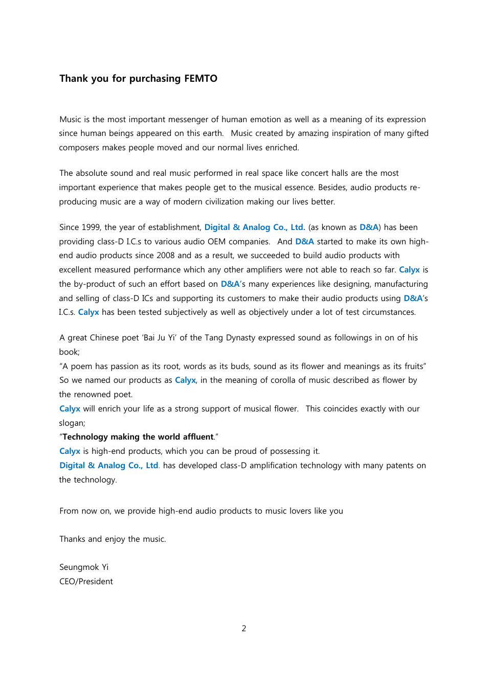 Calyx FEMTO User Manual | Page 2 / 22