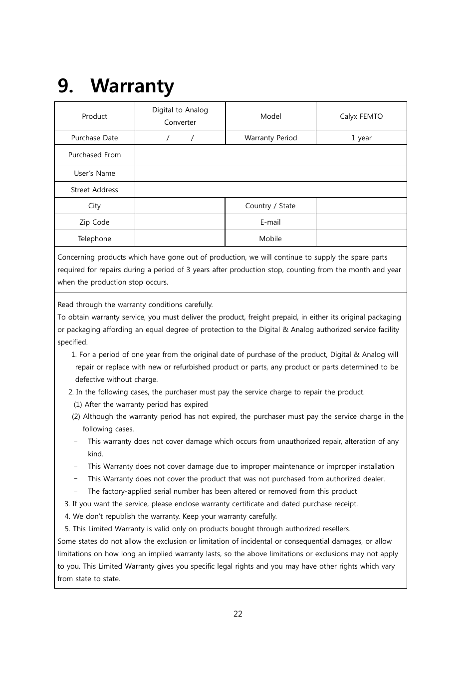 Warranty | Calyx FEMTO User Manual | Page 22 / 22