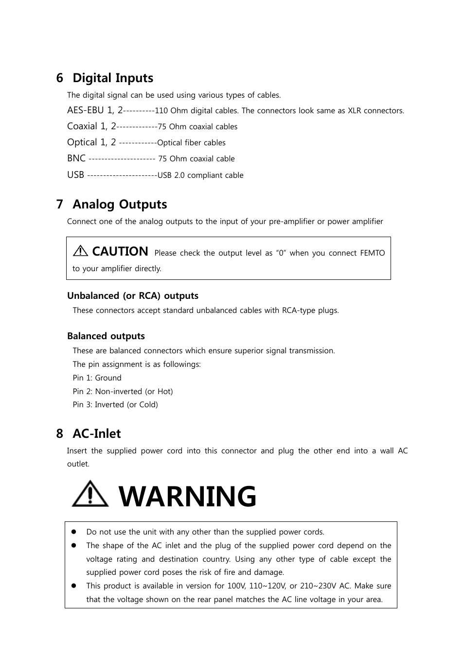 Warning, 6 digital inputs, 7 analog outputs | 8 ac-inlet, Caution | Calyx FEMTO User Manual | Page 8 / 22
