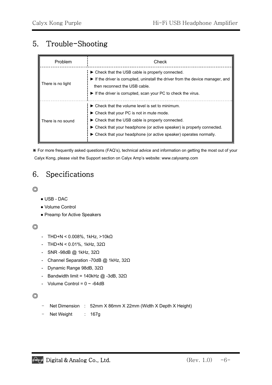 Trouble-shooting, Specifications, Calyx kong purple hi-fi usb headphone amplifier | Digital, Analog co., ltd. (rev. 1.0) -6, Function, Dimension | Calyx Kong Purple - USB Headphone Amplifier User Manual | Page 6 / 8