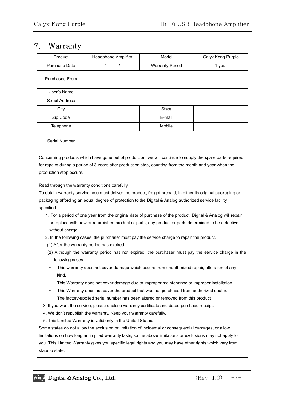 Warranty, Calyx kong purple hi-fi usb headphone amplifier, Digital | Analog co., ltd. (rev. 1.0) -7 | Calyx Kong Purple - USB Headphone Amplifier User Manual | Page 7 / 8