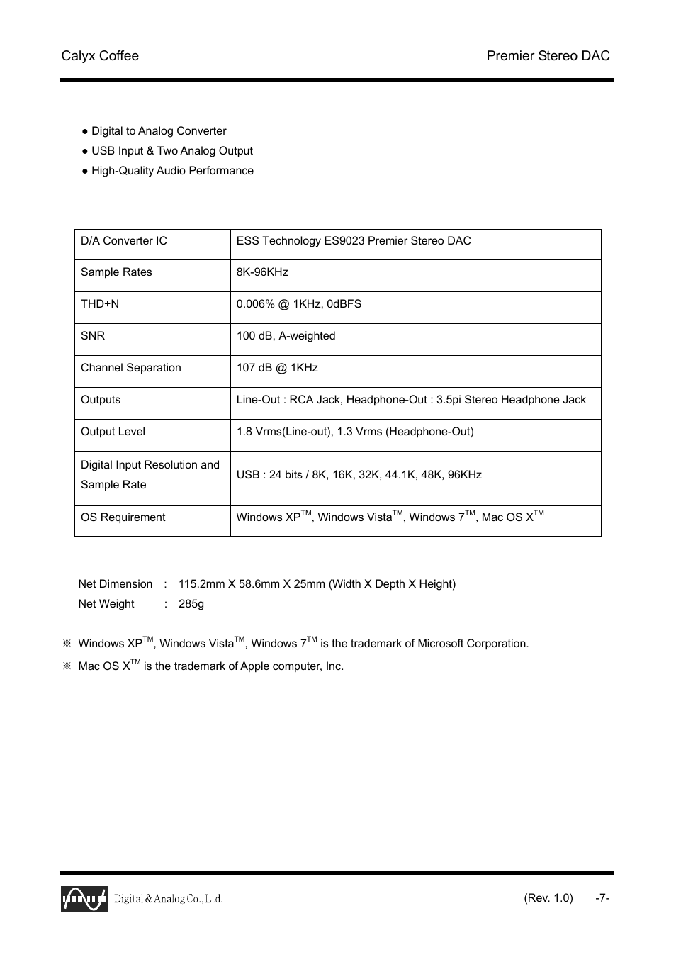 Calyx Coffee - USB DAC 24/96 User Manual | Page 7 / 7