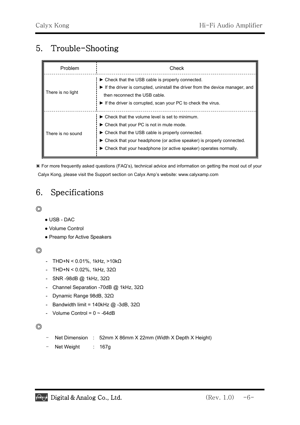 Trouble-shooting, Specifications, Calyx kong hi-fi audio amplifier | Digital, Analog co., ltd. (rev. 1.0) -6, Function, Dimension | Calyx Kong - USB DAC Headphone Amplifier User Manual | Page 6 / 8