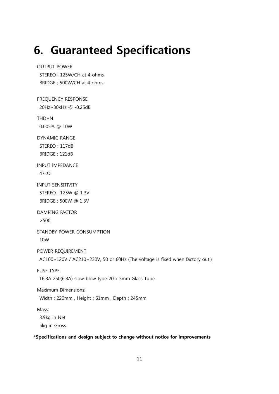 Guaranteed specifications | Calyx FEMTI 125 / Triple Mode Amplifier User Manual | Page 11 / 17