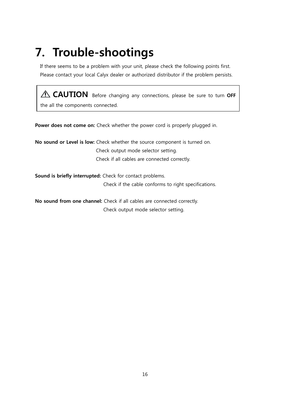 Trouble-shootings, Caution | Calyx FEMTI 125 / Triple Mode Amplifier User Manual | Page 16 / 17