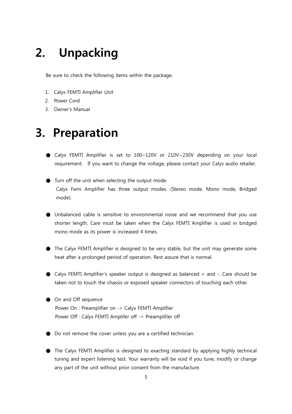 Unpacking, Preparation | Calyx FEMTI 125 / Triple Mode Amplifier User Manual | Page 5 / 17