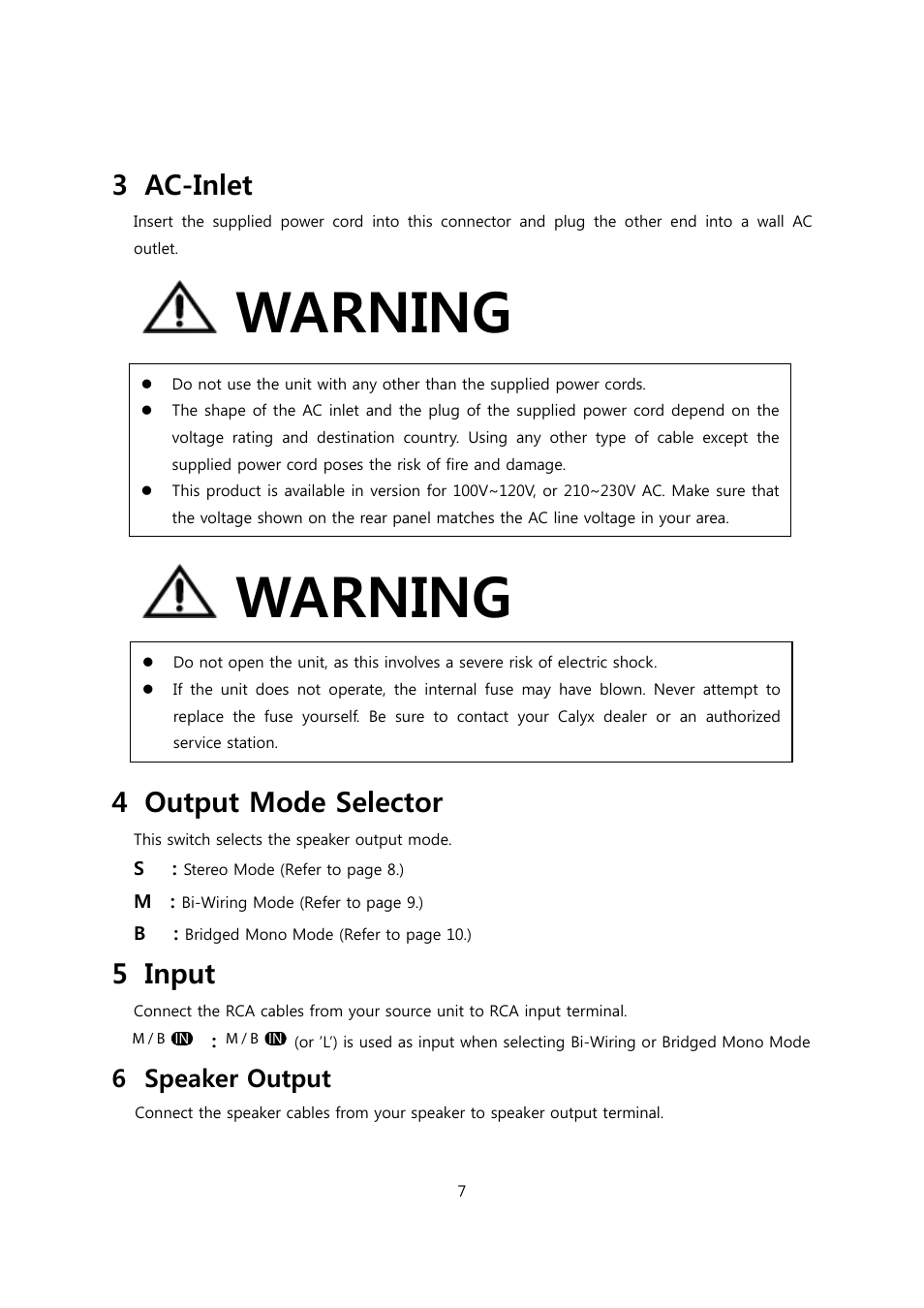 Warning, 3 ac-inlet, 4 output mode selector | 5 input, 6 speaker output | Calyx FEMTI 125 / Triple Mode Amplifier User Manual | Page 7 / 17