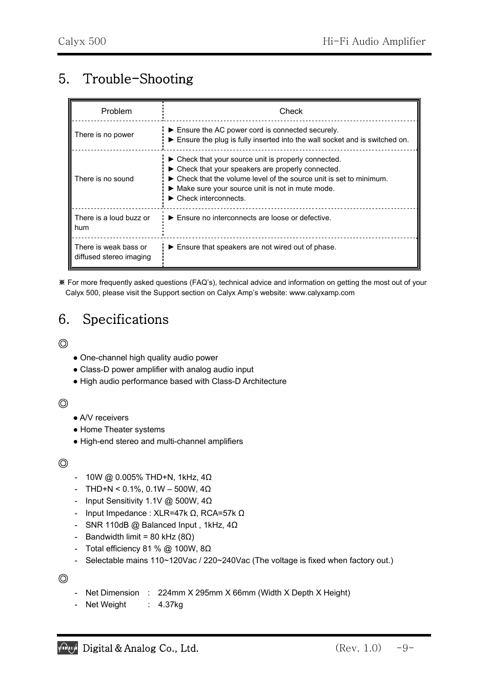 Trouble-shooting, Specifications, Calyx 500 hi-fi audio amplifier | Digital, Analog co., ltd. (rev. 1.0) -9, Function, Application, Features, Dimension | Calyx 500 - Mono Block Power Amplifier User Manual | Page 9 / 13