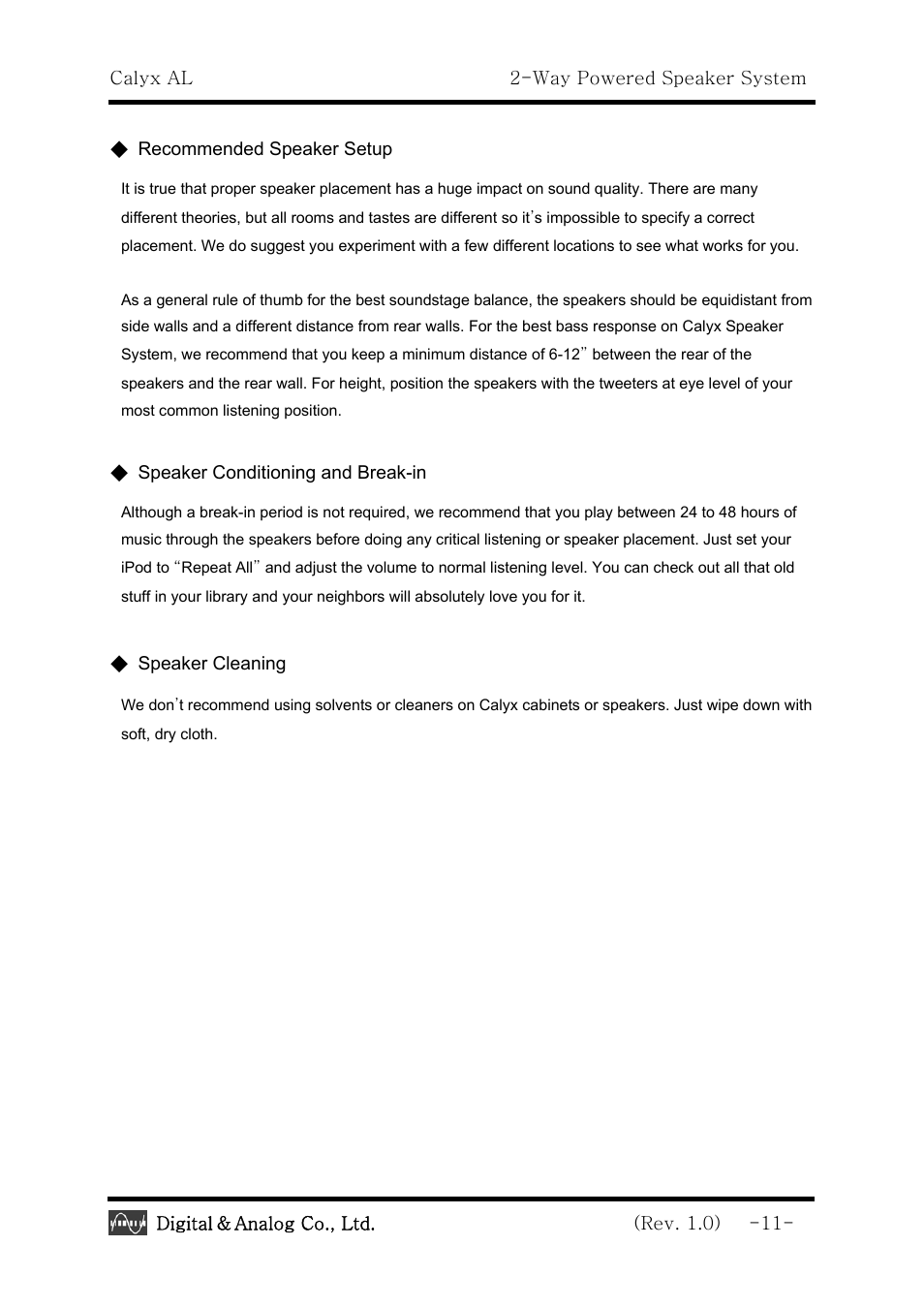 Calyx AL - 2 -Way Powered Speaker System User Manual | Page 11 / 16