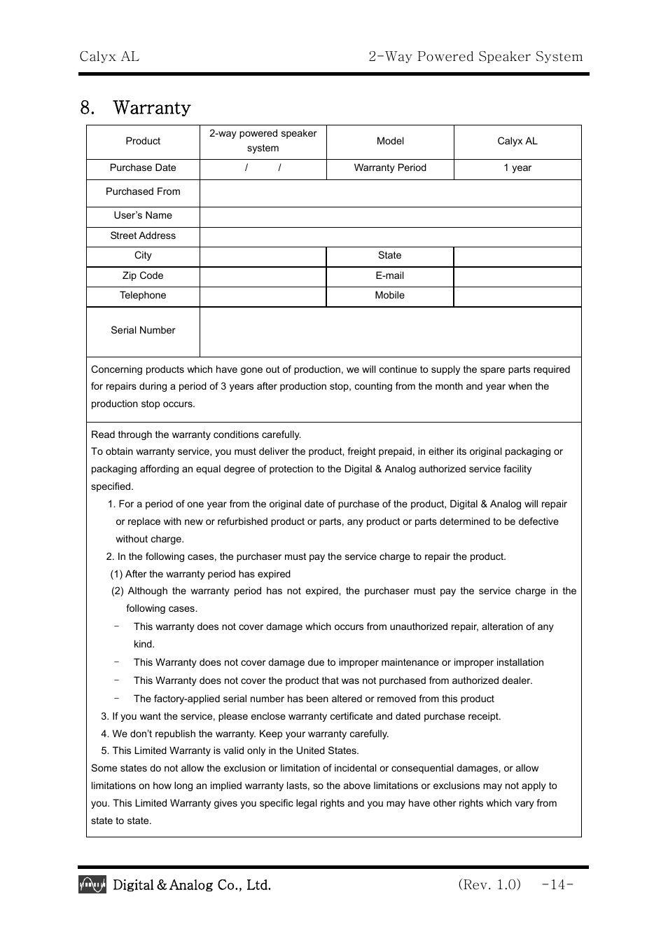 Warranty, Calyx al 2-way powered speaker system, Digital | Analog co., ltd. (rev. 1.0) -14 | Calyx AL - 2 -Way Powered Speaker System User Manual | Page 14 / 16