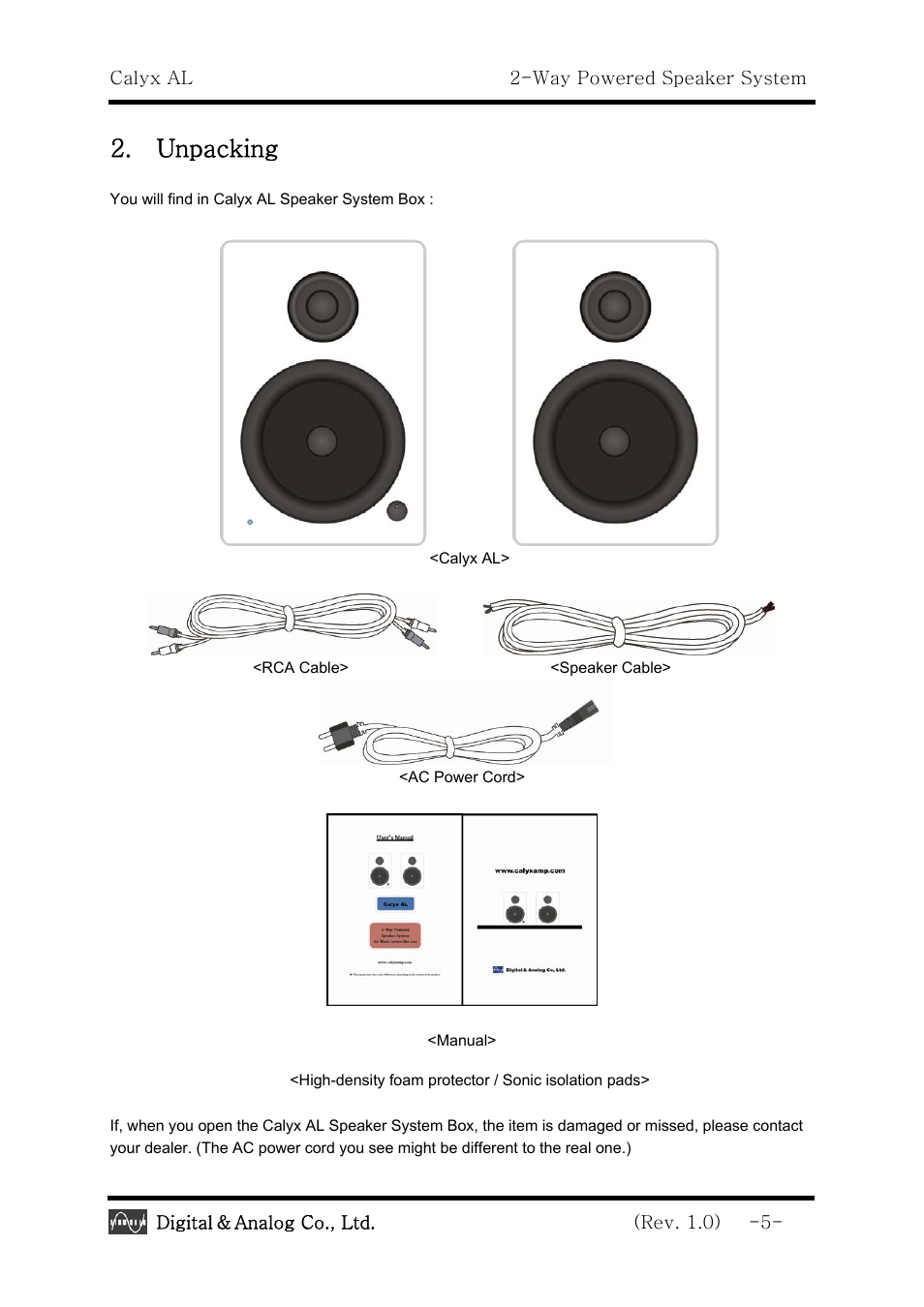 Unpacking | Calyx AL - 2 -Way Powered Speaker System User Manual | Page 5 / 16