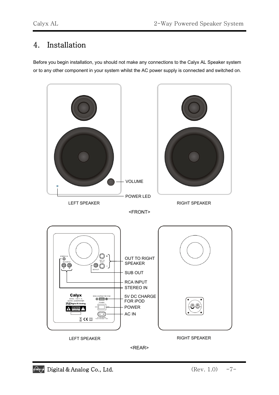 Installation, Calyx al 2-way powered speaker system, Digital | Analog co., ltd. (rev. 1.0) -7 | Calyx AL - 2 -Way Powered Speaker System User Manual | Page 7 / 16