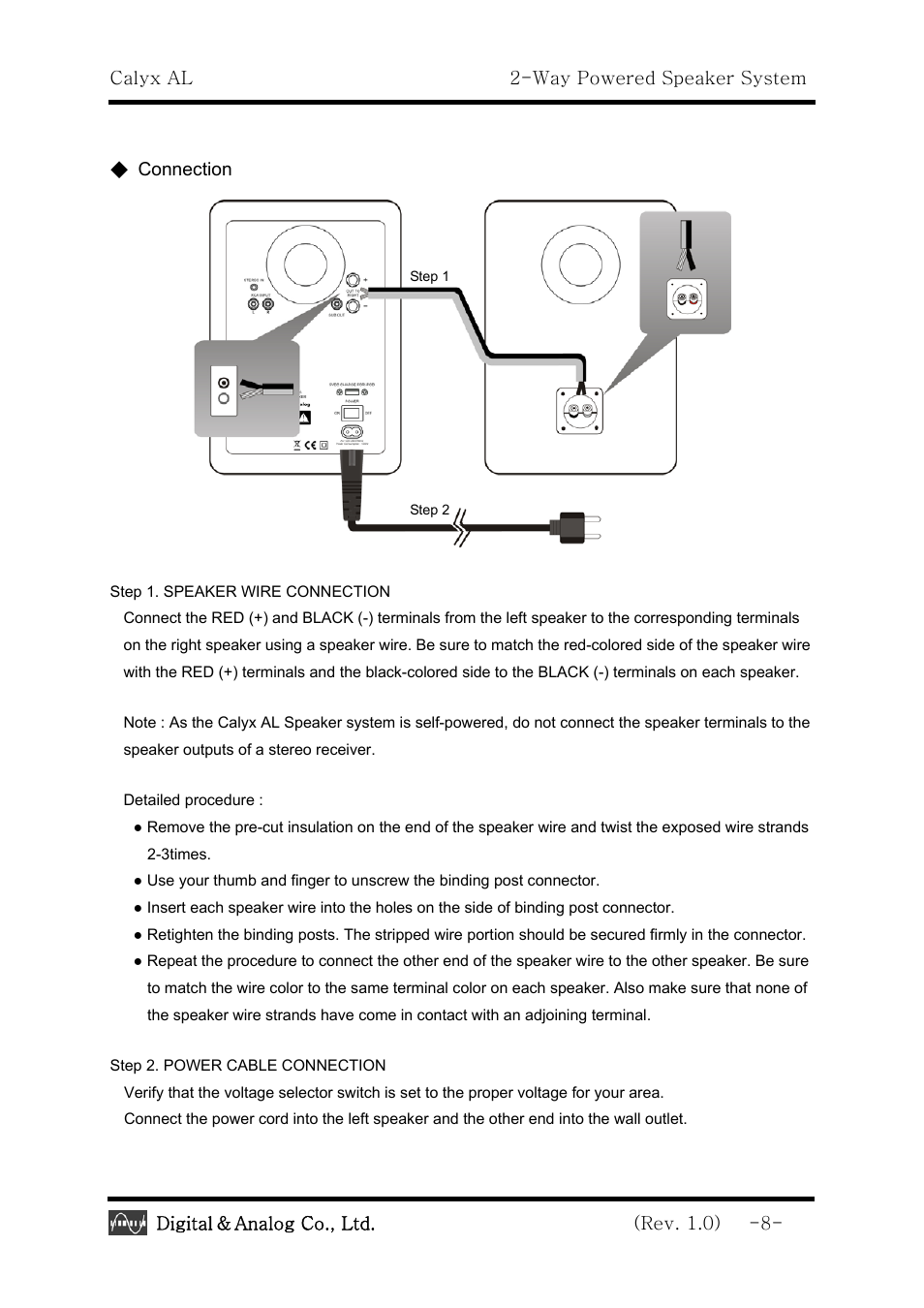 Calyx al 2-way powered speaker system, Digital, Analog co., ltd. (rev. 1.0) -8 | Connection | Calyx AL - 2 -Way Powered Speaker System User Manual | Page 8 / 16
