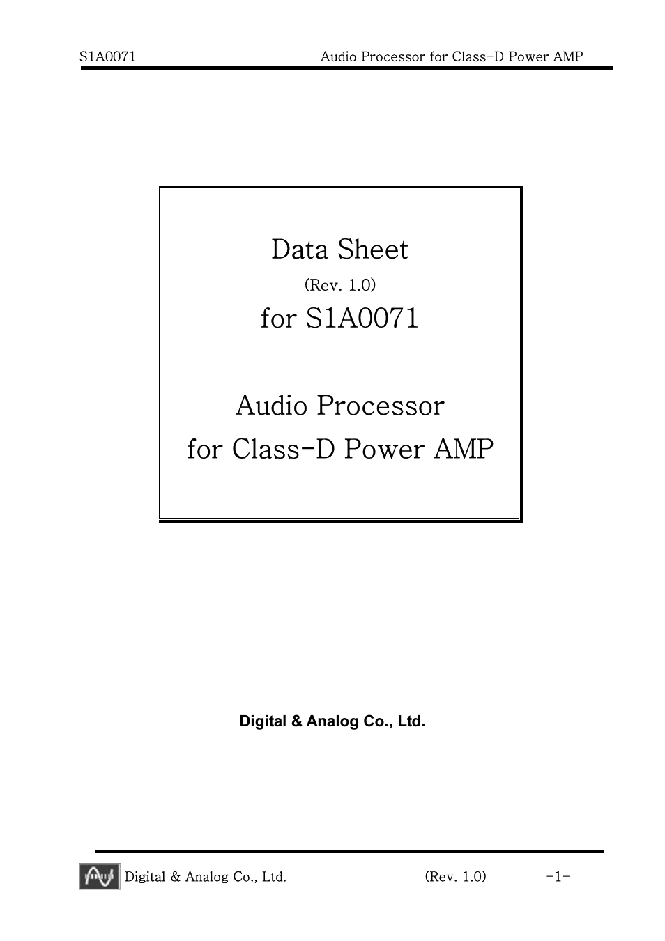 Calyx S1A0071 - Audio Processor for Class-D Power AMP User Manual | 20 pages
