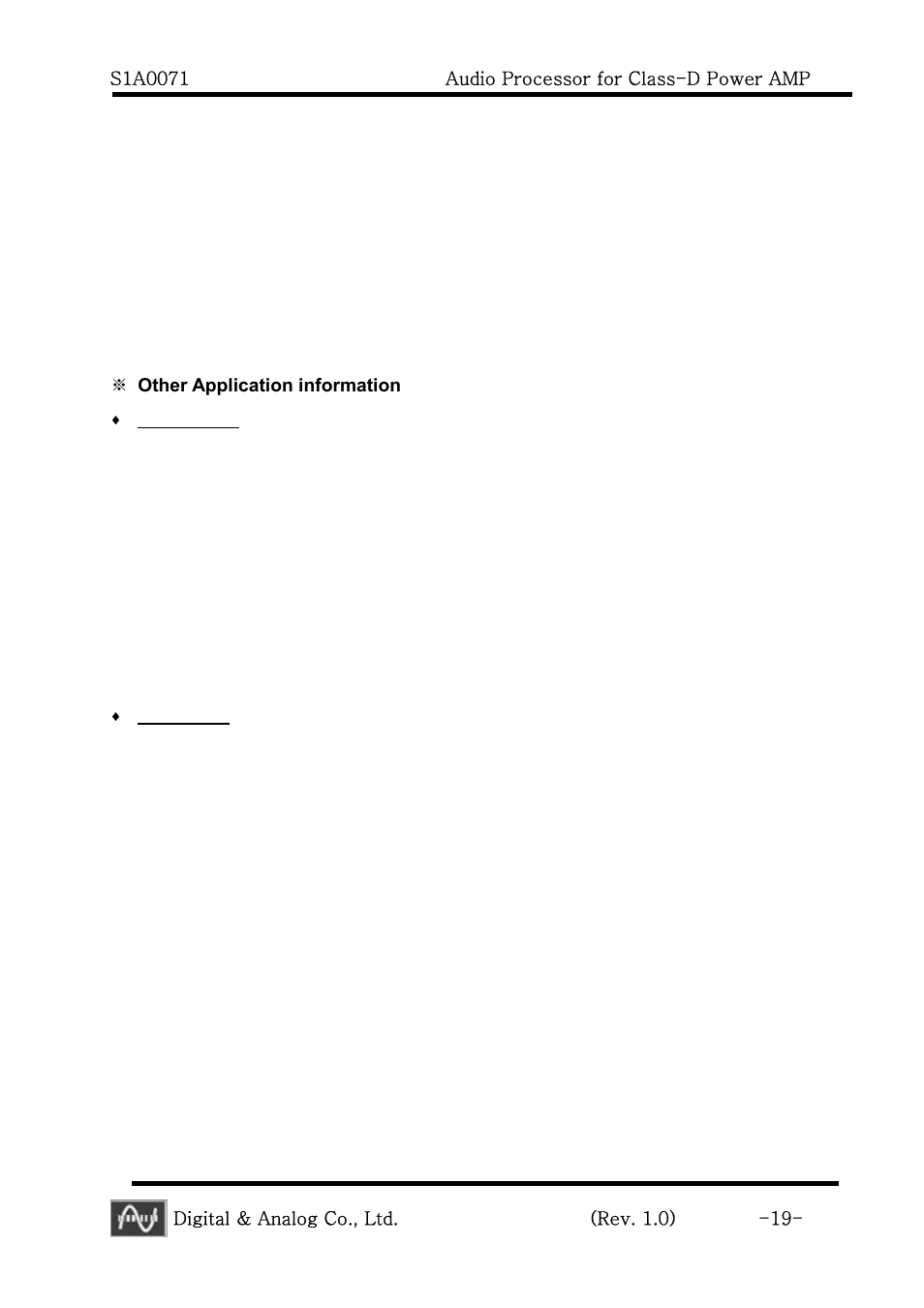 Digital & analog co., ltd. (rev. 1.0) -19, Other application information | Calyx S1A0071 - Audio Processor for Class-D Power AMP User Manual | Page 19 / 20