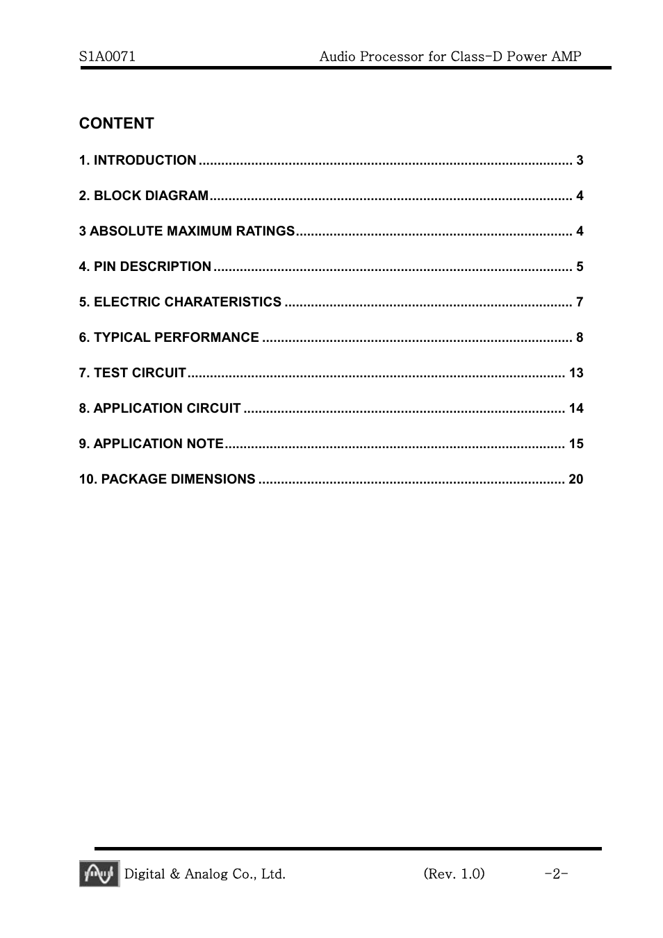 Content | Calyx S1A0071 - Audio Processor for Class-D Power AMP User Manual | Page 2 / 20