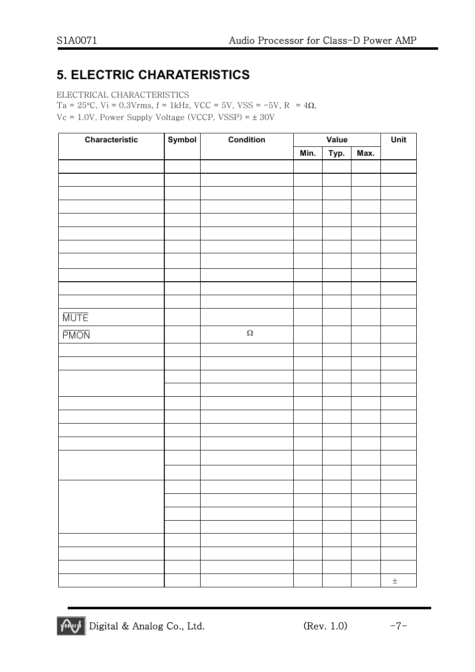 Electric charateristics, Digital & analog co., ltd. (rev. 1.0) -7, Muτε | Pmon | Calyx S1A0071 - Audio Processor for Class-D Power AMP User Manual | Page 7 / 20