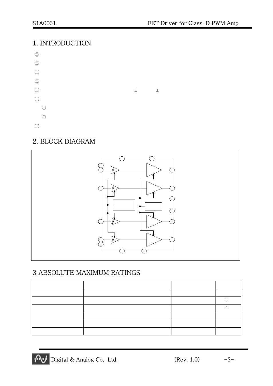 Introduction, Block diagram, 3 absolute maximum ratings | Digital & analog co., ltd. (rev. 1.0) -3 | Calyx S1A0051 - FET Driver for Class-D PWM Amp User Manual | Page 3 / 8