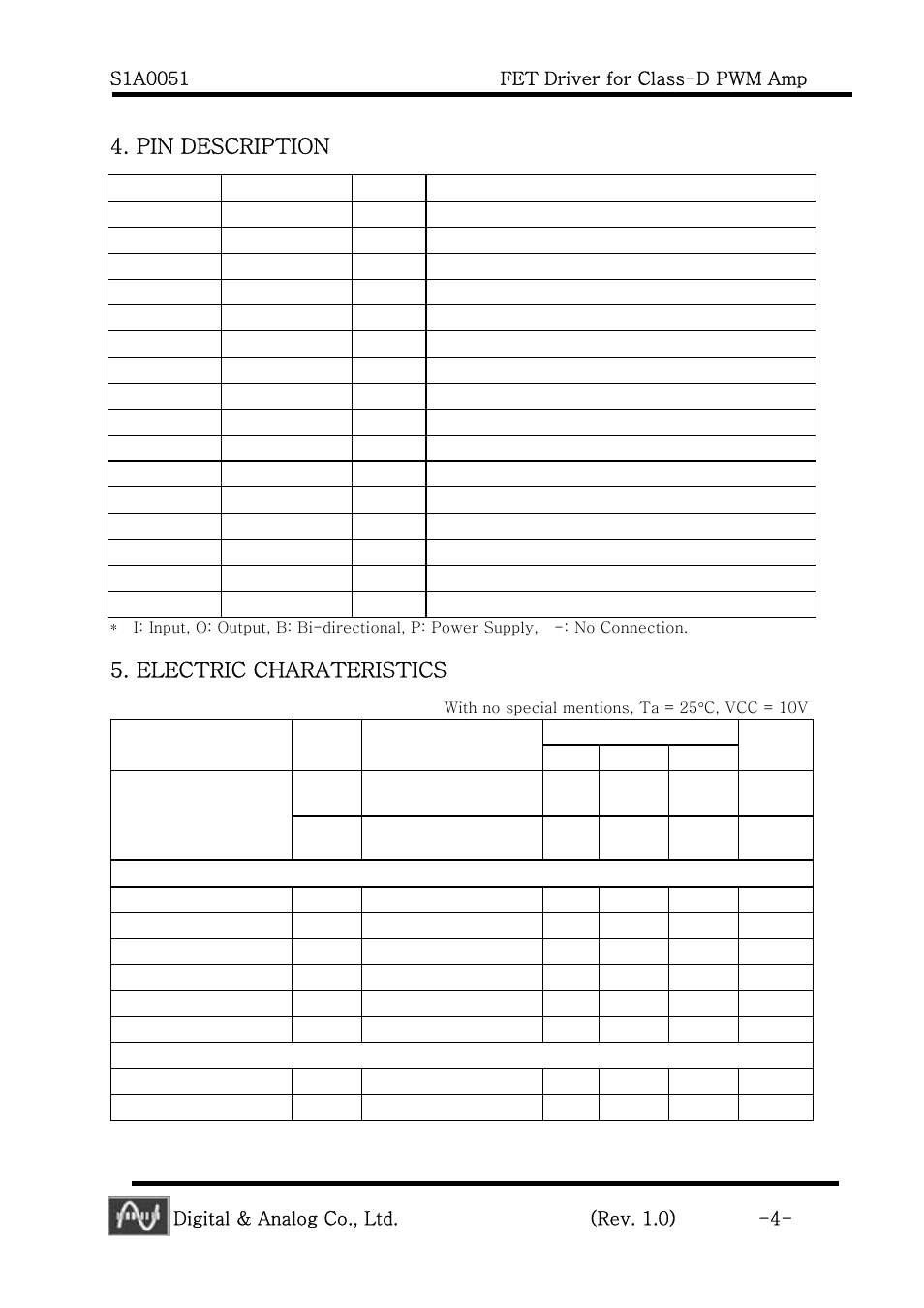 Pin description, Electric charateristics, Digital & analog co., ltd. (rev. 1.0) -4 | Calyx S1A0051 - FET Driver for Class-D PWM Amp User Manual | Page 4 / 8